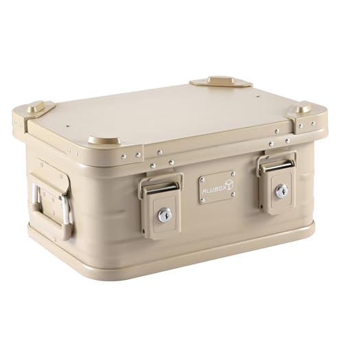 Alubox Caja de aluminio con cerradura E18S Sahara Sand Beige – Caja de almacenamiento premium de 18 litros – Grosor del material 1 mm – Tapa con aluminio fundido a presión esquinas apilables y junta