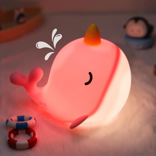 Image of Narwhal Night Light for Kids, Whale Nursery Lamp Animal Silicone Nightlight with Dimmable & 30 Mins Timer, Pefrect Gifts for Girl Women Friend Birthday Holiday Bedroom Bedside Table Decoration