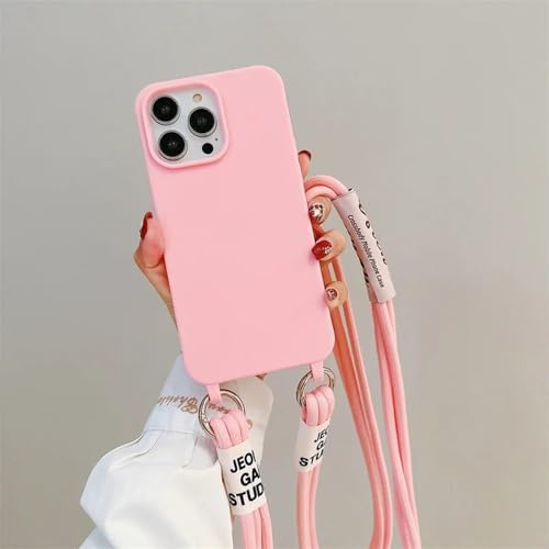Étui à bandoulière iPhone 14 coque silicone souple rose à cordon