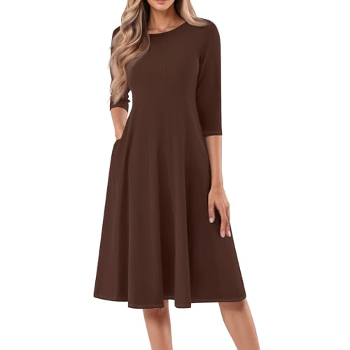 Women's Casual Midi Solid Color Dress A Line 3/4 Sleeve Tunic Dresses Pleated Crew Neck Fashion Loose Fit Wrap Dress