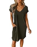 BTFBM Women Summer T Shirt Dresses 2025 Spring Short Sleeve V Neck Loose Casual Short Vacation Dress Pajamas Pockets(Army Green, Small)