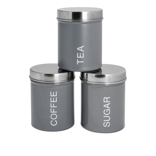 Harbour Housewares Round Metal Tea Coffee Sugar Canisters - Grey - 3pc Set - Retro Kitchen Storage Loose Tea Coffee Beans Granulated Sugar Airtight Container Food Preserve Caddy with Lid - Cosy Home Interiors Harbour Housewares Round Metal Tea Coffee Sugar Canisters - Grey - 3pc Set - Retro Kitchen Storage Loose Tea Coffee Beans Granulated Sugar Airtight Container Food Preserve Caddy with Lid