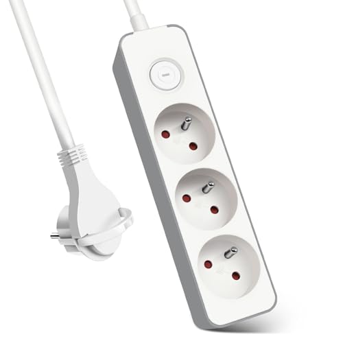 EXTRASTAR Multiprises 3 Prise avec Interrupteur Fiche Plate, Bloc 3 Prises, Rallonge 1.5m 230 V avec sécurité Enfant, Blanc