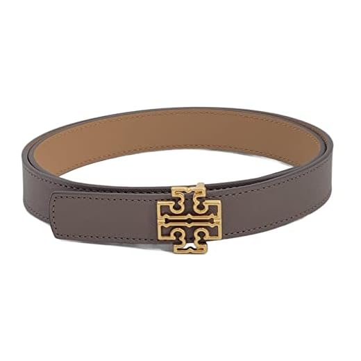 Tory Burch 141739 Britten Logo Clam Shell Grey/Tiramisu Light Brown With Gold Hardware Reversible 1 Inch Women's Belt (Large)