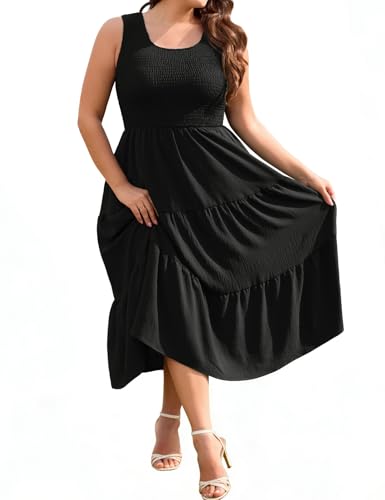 PASUDA Robe Longue Femme Été Grande Taille Chic et Élégante Col Carrée Robes Fluide D'été sans Manches Smockée Taille Haute Élastique Décontractée...