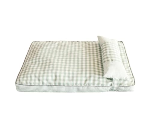 Tuyiutm ペットマットレス猫クッションセット小型と中型の猫と犬のデュアルユースクッションかわいいコットンとリネンスタイルの格子縞の正方形通気性滑り止め取り外し可能なクリーニング四季に適しています。 (緑の色,S 65*45*8CM)