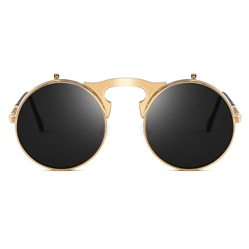 Unisex Retro 80s/90s Flip-Up Round Sunglasses Steampunk Rave Shades with Double Lenses3
