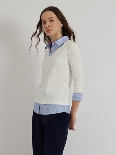 Image of FableStreet Women Shirt | Slim Fit V-Neck Layered Look with Striped Spread Collar & Three-Quarter Sleeves | Cotton Knit Jersey Fabric for Business Casual