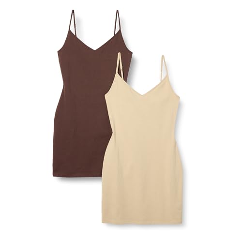 Amazon Essentials Women's Slim Fit Cotton Layering Slip Dress, Pack of 2, Brown/Light Camel, Medium