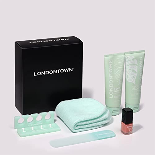 LONDONTOWN Pedikur Prep Box Pedicure Feet Care Set - Foot Scrub (4.2 oz), Foot Balm (4 fl oz), Jelly Toe Separators, Glass Foot File, Pedi Moisturizing Spa Socks, and Mini lakur Rose-Tinted Glasses