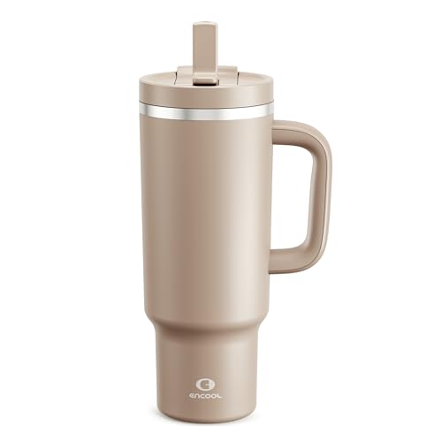 ENCOOL 40 oz Tumbler with Handle and Straw: Stainless Steel Insulated Tumbler Keeps Cold for 24 Hours, Leakproof Travel Cup Fits in Cup Holder and BPA-Free,Raw Umber