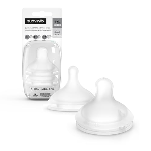 Suavinex, 2 unidades de silicona simétricas Sx Pro para Biberon Suavinex, Tetina de flujo muy denso (XL), para alimentos y cereales densos, +6 meses, con válvula anticólico, 2 unidades