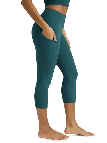 ODODOS Women's High Waisted Yoga Capris with Pockets, 21" Inseam Tummy Control Workout Sports Running Capri Leggings, Forest Teal, Large