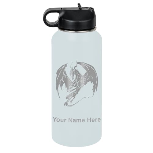 LaserGram Personalized 32oz Water Bottle, Dragon (Light Blue)