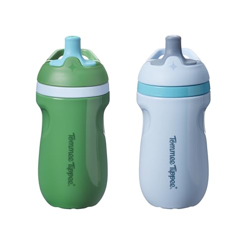 Tommee Tippee Insulated Sporty Spout Non-Spill Toddler Cup 266ml 12m+ Pack of 2 with Leak-Proof Valve and Handle in Fun Bright Colours Blue & Green
