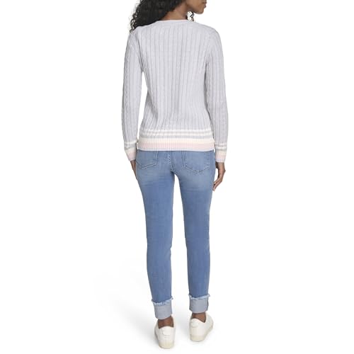 Image of Tommy Hilfiger Women's Sportswear Cotton Crewneck Cable Sweater, Pearl Heather Grey Multi, Large