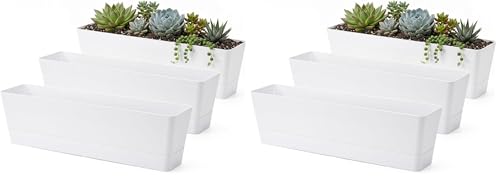 Image of GREANER Window Boxes Planters, 3PCS 16x3.8 Inch Large Herb Planters with Tray, Indoor Succulent Cactus Flowers Vegetable Plastic Rectangle Pots for Balcony, Office, Garden, Outdoor, Windowsill (White)