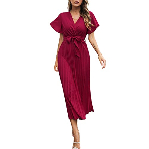 Robe maxi plissée d'été pour femme avec col en V et manches courtes à volants