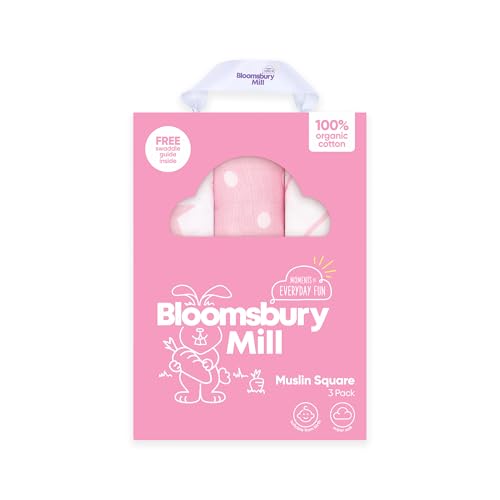 Image of Bloomsbury Mill - Muslin Cloths for Baby - Soft 100% Organic Cotton Muslin Squares - Baby Muslins Pack of 3 - Large Burp Cloths - Newborn Essentials - Pink & White - 70x70cm