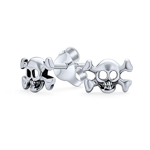 Unisex Tiny Petite Caribbean Pirate Skeleton Goth Crossbones Skull Stud Earrings For Men Women Biker Punk Rocker For Teen .925 Sterling Silver