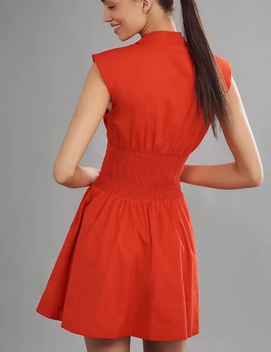 Image of Women's V Neck Summer Dress Cap Sleeve Zipper Mini Dress Smocked Slit Dress with Pockets
