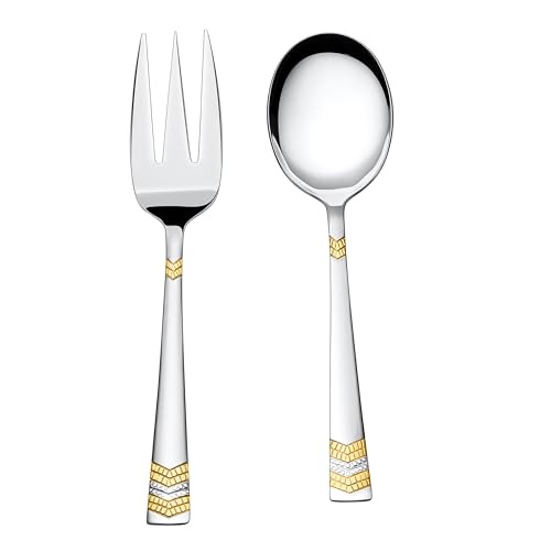 Image of FnS RAGA 24 Karat Gold Plated Stainless Steel Serving Set of 2 (1 Serving Spoon, 1 Serving Fork) for Home, Kitchen and Dinning