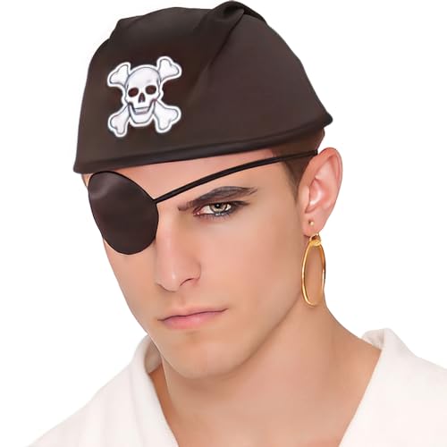 Gold Earring & Black Pirate Patch Set (Adult Size) Costume Accessories - Ideal for Theme Parties Halloween & Cosplay Events
