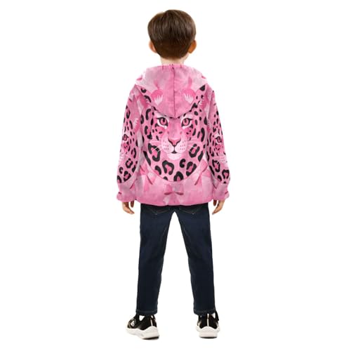 Pink Leopard with Bows Pattern Toddler Fleece Jacket Girl Boys Hooded Fleece Jacket Coat Warm Outwear Zip-up 3-10T4