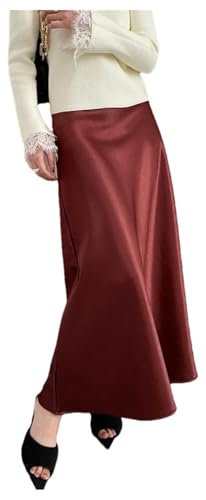 Women's High Waist Satin A-Line Midi Skirt Office Casual Solid Long Skirt