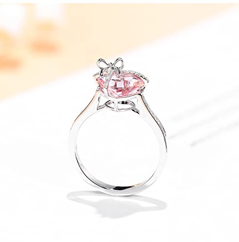 Dainty Cute 925 Silver Pink Heart Shaped Zircon Ring Bow Tie Ring for Women Anniversary Wedding Engagement Promise Rings CZ Diamond Eternity Band Opening Adjustable Ring (Pink)4