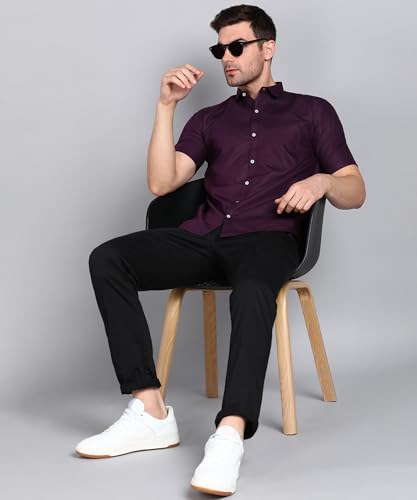 Image of MILDIN Men's Cotton Blend Solid Shirt with Spread Collared Half Sleeve Curved Hemline Button Closure Regular Fit and One Pocket | Half Sleeve Shirt for Men