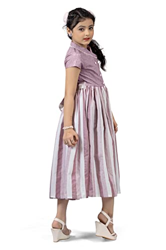 Image of Fashion Dream Girl Double Breasted Stripe Pattern Calf Length Dress(Pink 3-4 Year)