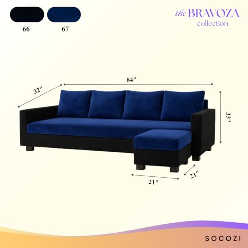 Image of SOCOZI Braven 5 Seater L Shape Sofa Set with Movable Ottoman | Flexible Layout | Soft Velvet Suede Fabric | Modern Design | Plush Comfort Cushions for Living Room (Dark Blue-Black)