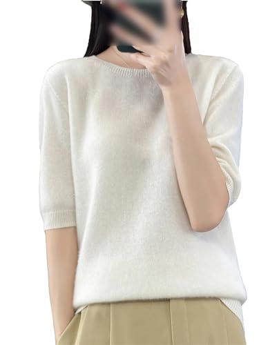 Women Spring Stylish Office O-Neck 100% Merino Wool Pullover Half Sleeve Cashmere Sweater