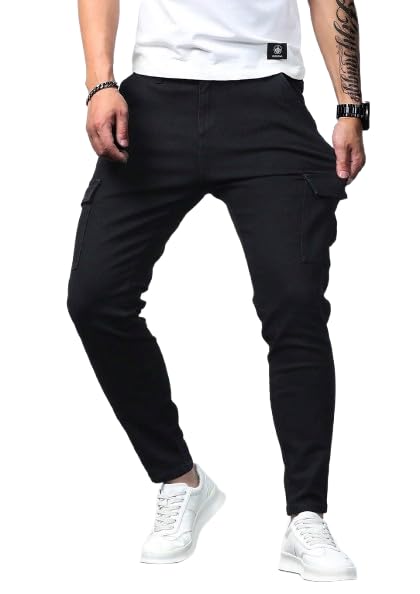 Men Cargo Pants Slim Fit Stretch Trousers | Multi Pocket Casual Wear Bottom | Solid Black Street Style Pants | Ankle Length Comfortable-image-27