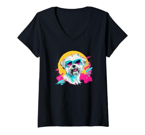 Femme Funny Cute Retro Vintage 80s Maltese Lover T-Shirt avec Col en V