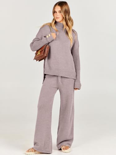 Caracilia Womens 2 Piece Sweater Set Knit Pullover Wide Leg Pants Lounge Matching Sets 2024 Fall Fashion Travel Outfits2