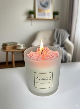 Luxury Rose Shaped Scented Soy Wax Candle in Frosted Glass Jar | Aromatherapy Decorative Candle for Home Décor, Relaxation & Gifting | Calista Premium Floral Candle