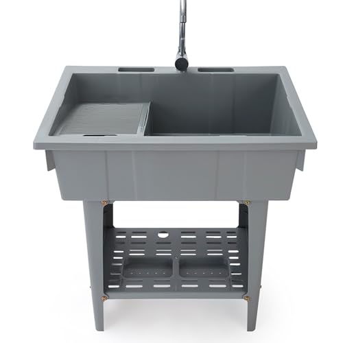 Pila Lavadero, Fregadero Exterior Jardin, Fregadero de Plástico con Tabla de Lavar, Grifo Giratorio de 360° y Estante de Almacenamiento, para Garaje(Gray)
