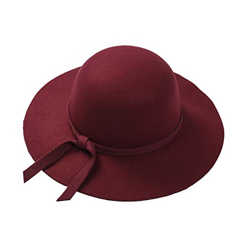 Kids Girls Retro Fedora Hats Solid Color Wide Brim Felt Bowler Floppy Hats Vintage Bow Bucket Caps for Fall Winter