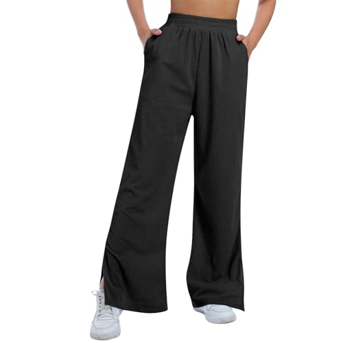 ODIZLI Women's Corduroy Wide Leg Pants High Waist Solid Bottom with Pockets Slit Trousers