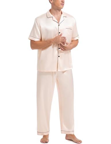 Couples Matching Pajamas Set Silk Satin Short Sleeve Sleepwear Men Button Down Loungewear Champagne Medium3