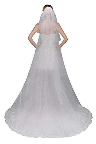 MisShow 2 Tier White Tulle Sheer Sequin Lace Wedding Bridal Veils Cathedral for Bride