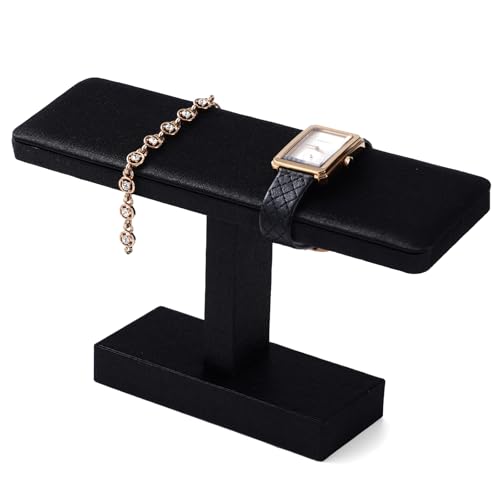 Microfiber T-bar Bracelet Watch Stand Jewelry Bracelet Watch Holder Necklace Bangle Organizer Holder Jewelry Stand,Solid Wood Interior(Black)