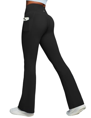 Heathyoga Mini Flare Leggings for Women Scrunch Butt Lifting Leggings with Pockets for Women No Front Seam Flared Yoga Pants Black