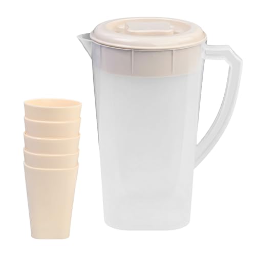 Ziyonix Pichet en Plastique 2,2 L avec Couvercle, Carafe à Eau avec Poignée et 5 Tasses, Carafe à Eau et à Jus avec Couvercle pour thé, jus, lait, boissons froides ou chaudes (beige)