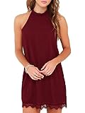 Fantaist Women's Sleeveless Halter Neck Patchwork Lace Mini Casual Shift Dress