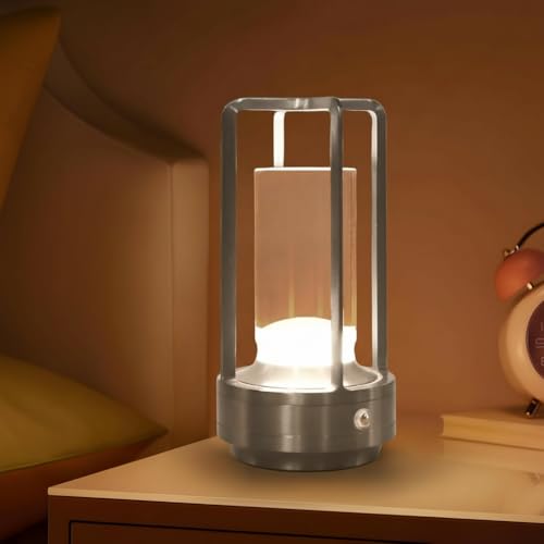 MEKOTRIN Rechargeable Cordless Table Lamp, Portable Bedside Lamp Night Light with Touch Control, 3 Color Modes & Stepless Dimming, Battery Operated Powered Light for Bedroom Indoor Outdoor, Silver