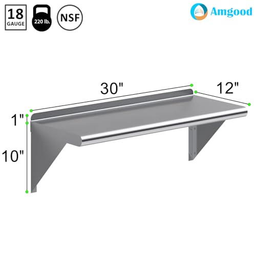 Image of AmGood 12 inch X 30 inch Stainless Steel Wall Shelf | NSF Certified Metal Shelving