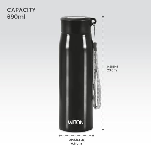 Image of MILTON Handy 650 Stainless Steel Sipper Water Bottle 690 ml, Single Walled, ISI Certified I Leak Proof Lid, Rust Proof I For School, Office, Gym I Black